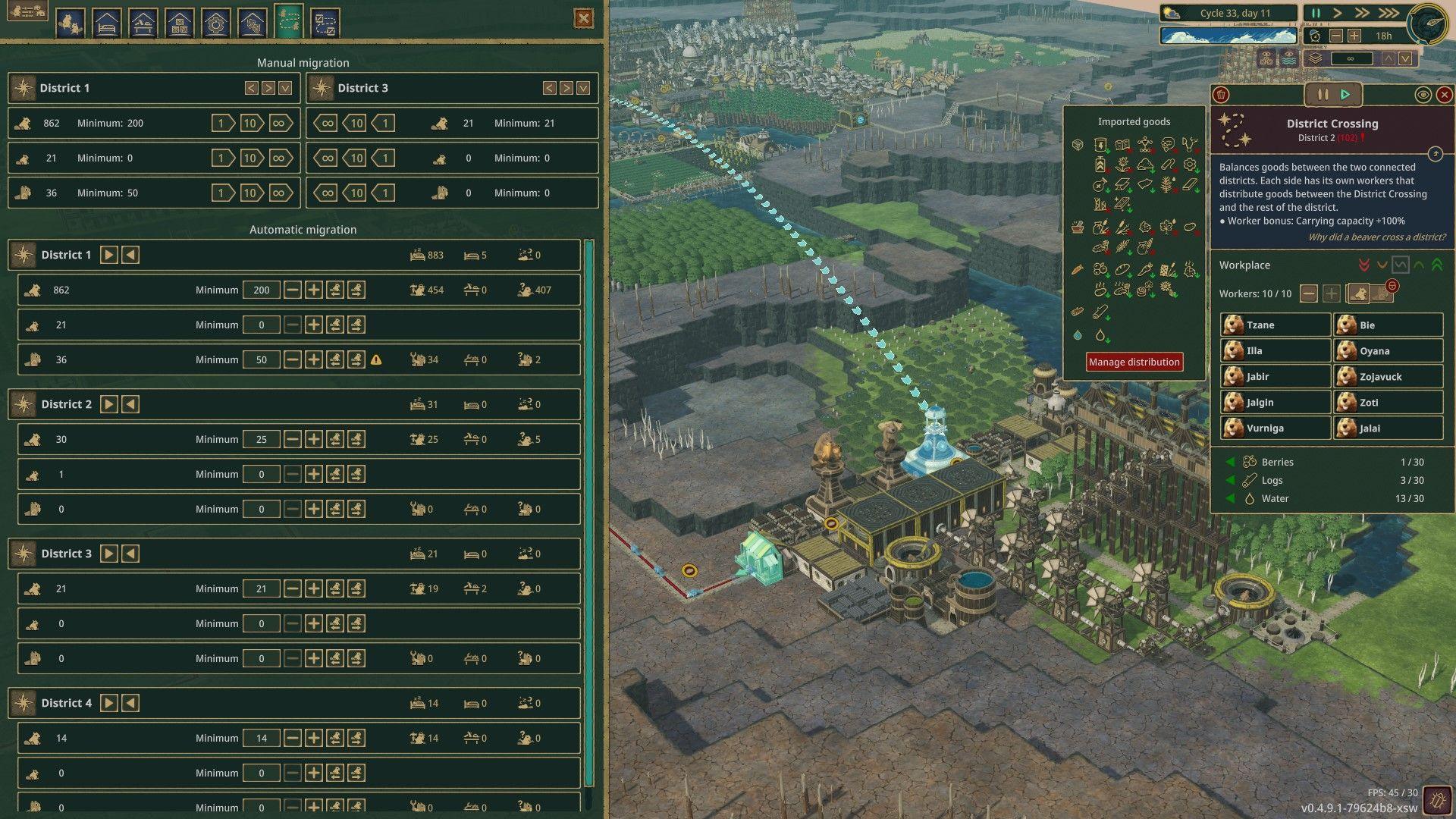 Timberborn UI with many windows and controls in game