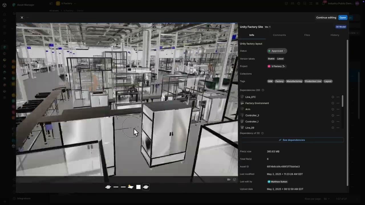 Factory floor model in Unity Asset Manager streamed using 3DDS