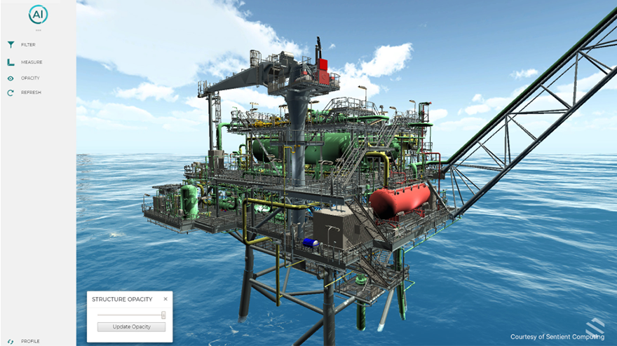 A digital rendering of an oil platform at sea