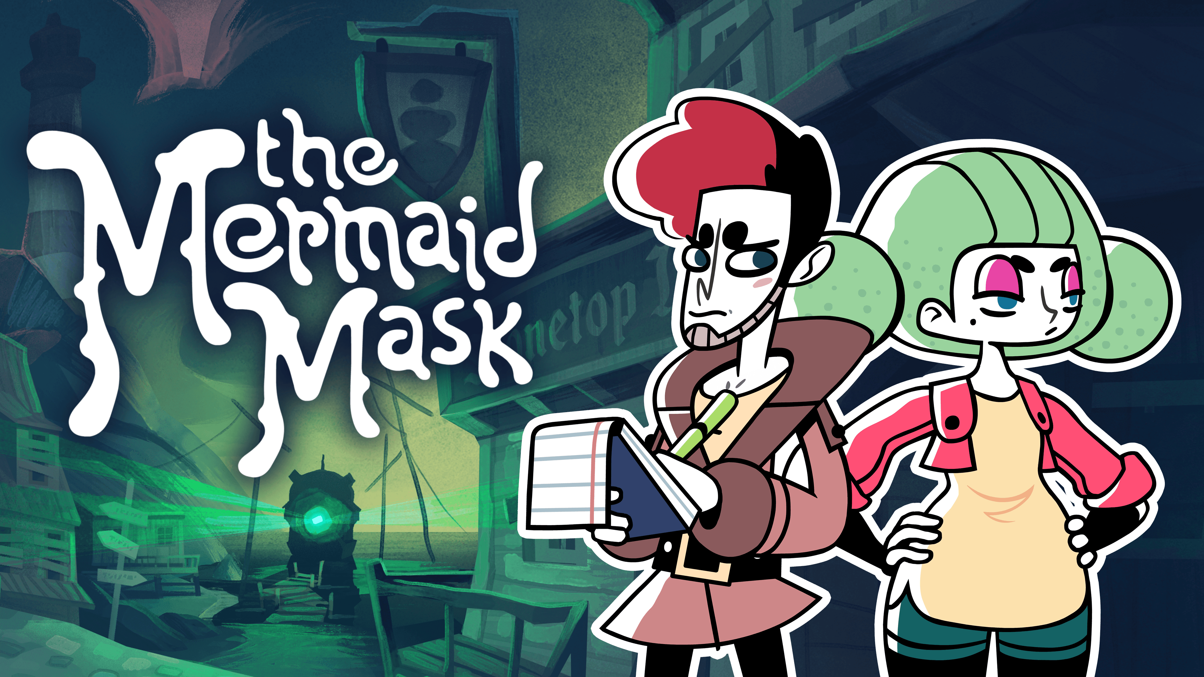 Key art for The Mermaid Mask by SFB Games, Made with Unity. Two cartoon figures stand side by side. One is wearing a high-collared jacket and has red and black hair. The other is wearing a pink jacket, a yellow smock, and has big green hair tied into ponytails.