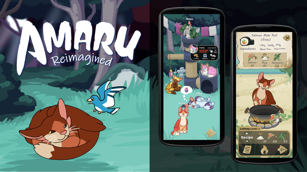 Promotional banner for Amaru Reimagined mobile game showing stylized cat-like creatures in a forest and gameplay screens for pet care and cooking.
