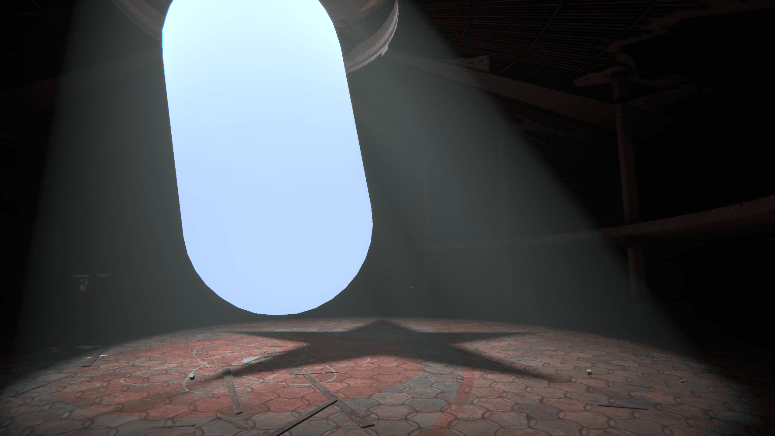 In-Editor screenshot from NODE: The Last Favor of the Antarii by Lapsus Games. A large blue pill-shaped object is superimposed over a 3D environment with a red tiled floor. The pill is a geo emulating the bright core of the light.