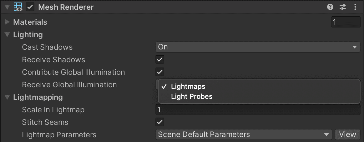Contribute GI settings under the Mesh Renderer component.