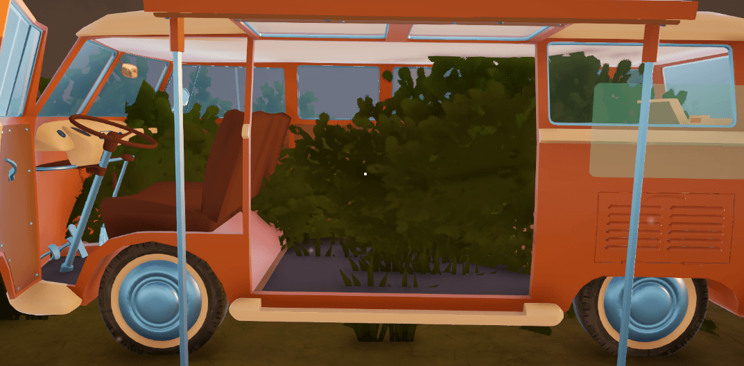 Camper van with the side door opened, showing grass and bushes clipping through the vehicle's body