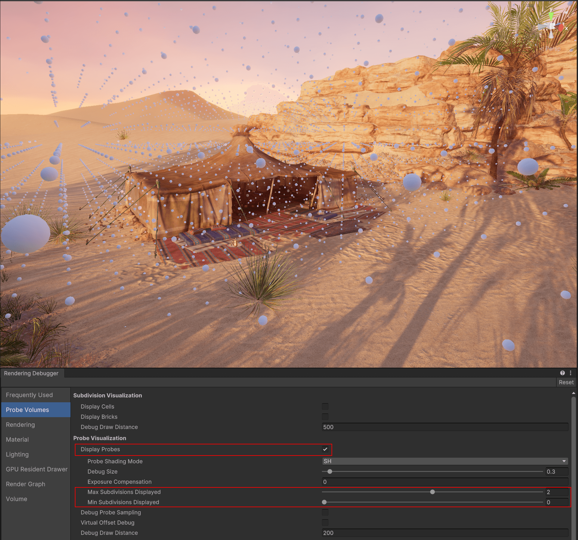 Probes and the multiple subdivision levels can be displayed using the Rendering Debugger