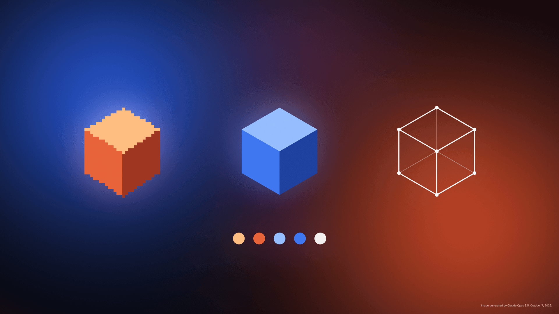 The same cube is drawn three ways (pixel art, flat-shaded and wireframe), positioned above a row of palette swatches. Image generated by Claude Opus 5.5, October 7, 2026.