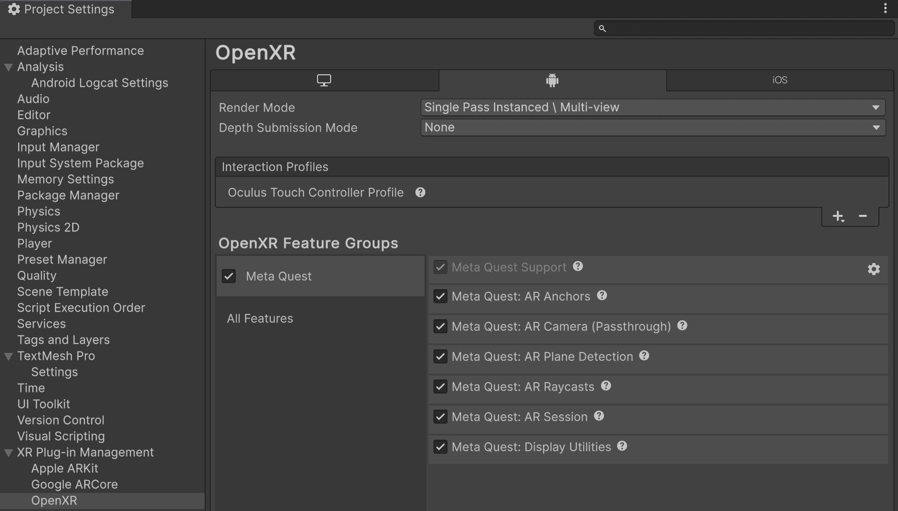 Menü „Projekteinstellungen“ des Unity Editors. Single Pass Instanced\Multi-view, Oculus Touch Controller Profile und die Meta Quest-Funktionsgruppe werden auf der Registerkarte „Android“ im Abschnitt „OpenXR“ der Überschrift „XR Plug-in Management“ ausgewählt.