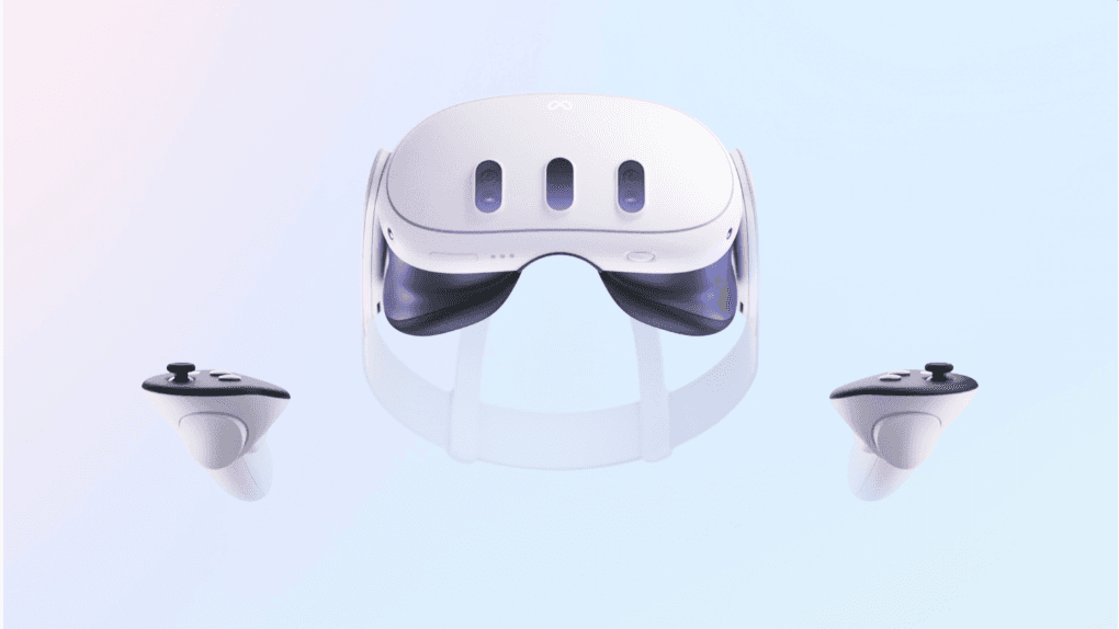 White-colored Meta Quest 3 headset and controllers floating over ombre pastel background