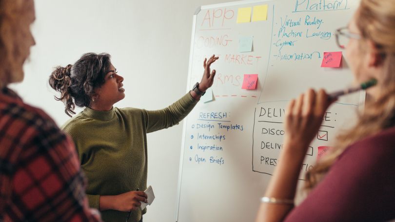 Des personnes entourent un tableau blanc avec des notes et des post-it.