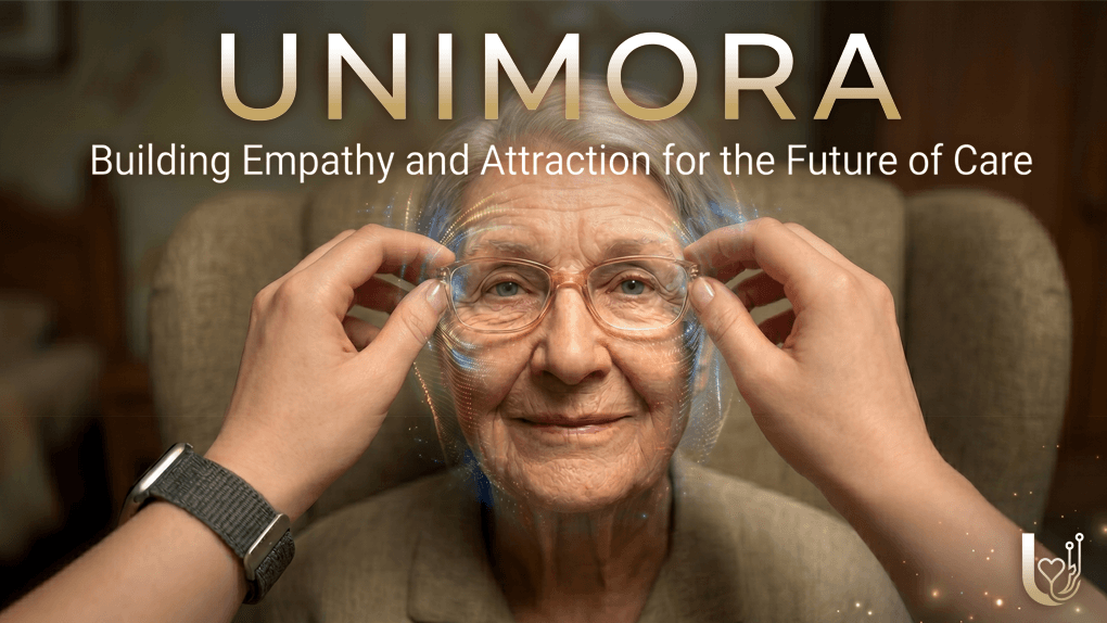 Promotional banner for Unimora showing a caregiver's hands placing digital, glowing glasses on an elderly woman to "Build Empathy for the Future of Care."