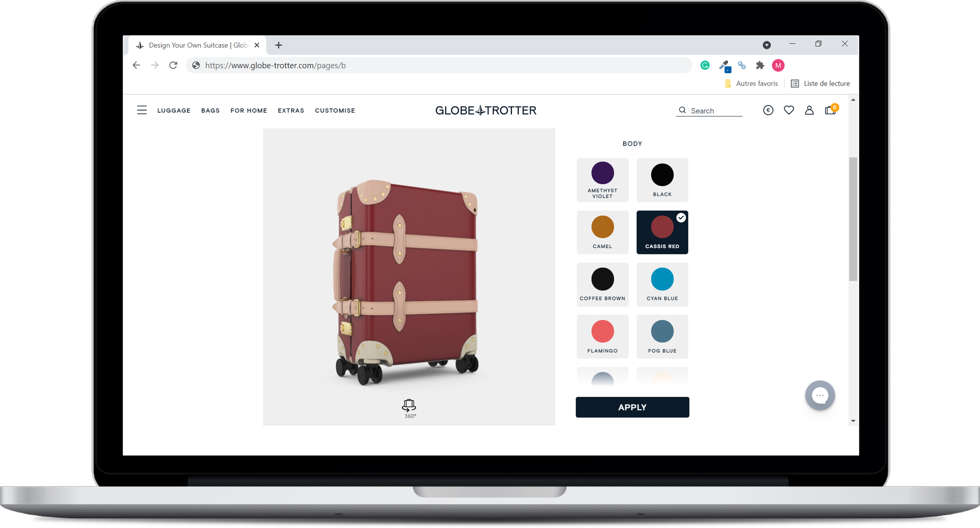Globe trotter - a screenshot of product configurator on their website 