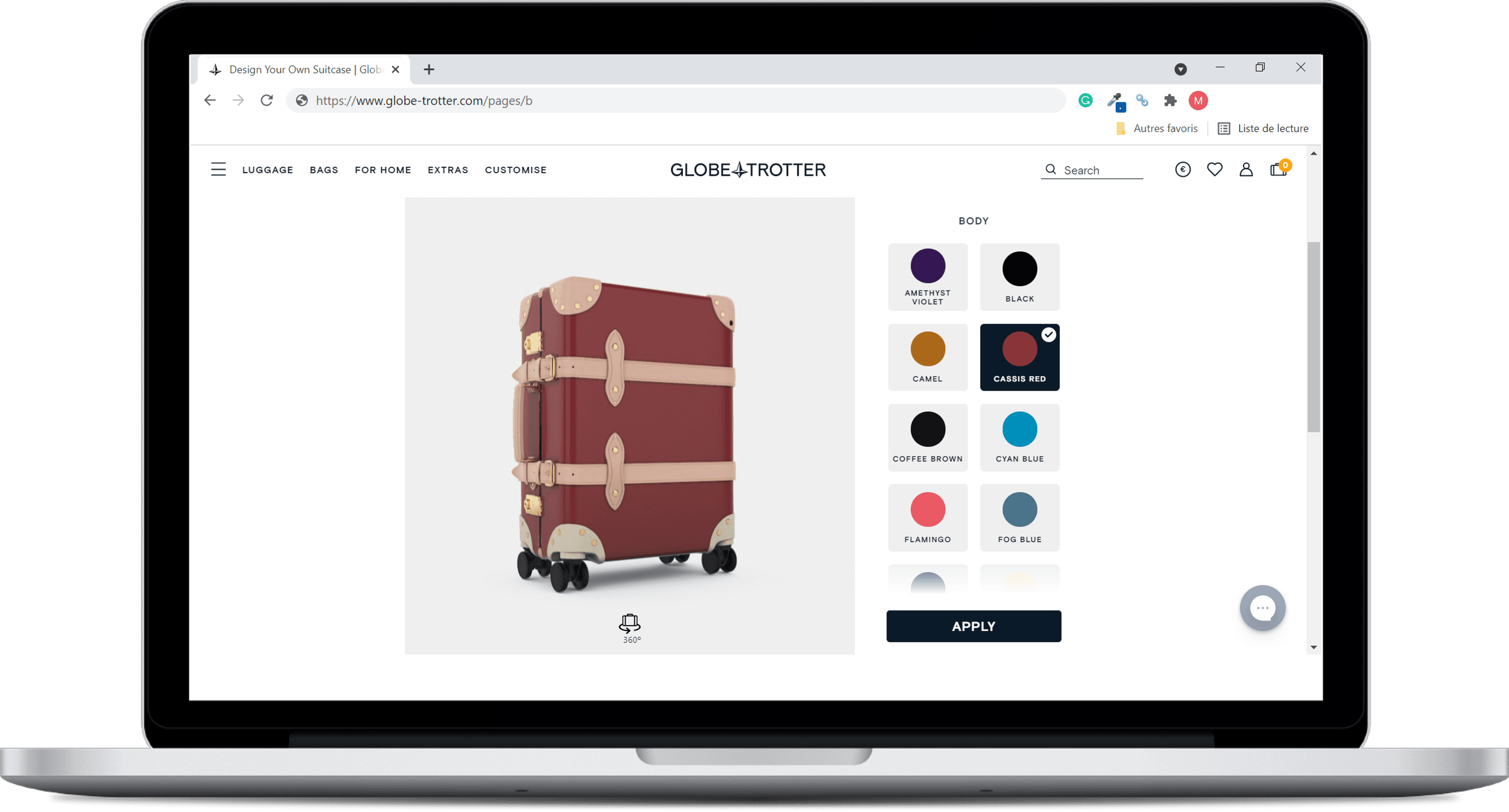 Globe trotter — uma captura de tela do configurador de produtos em seu site