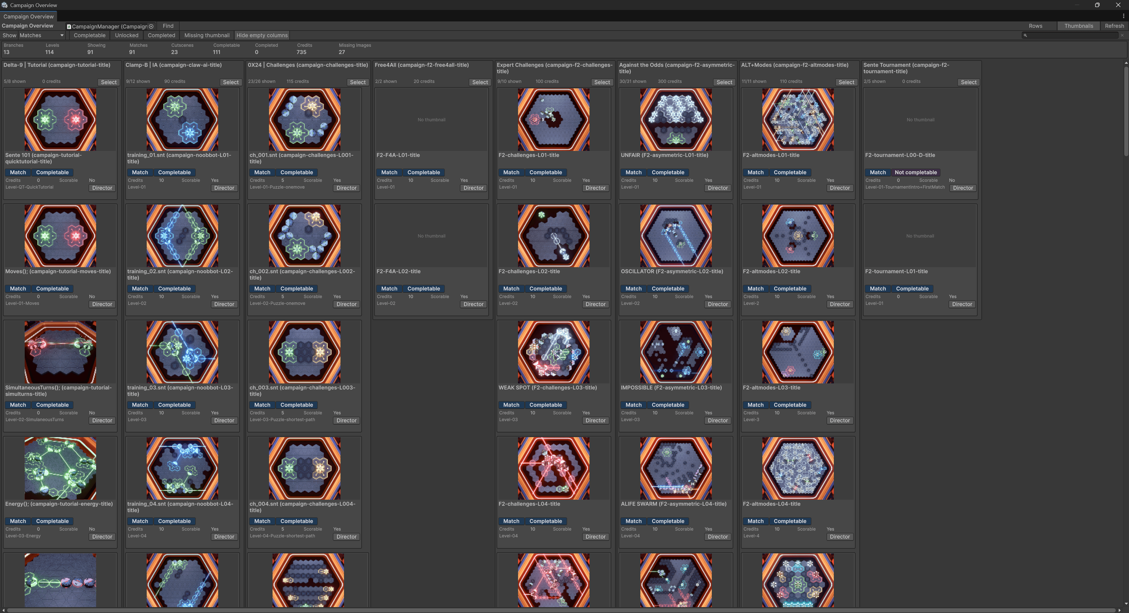 Oxoboxのカスタムボードテンプレートマネージャーを使用してUnity エディターでSente用に作成された、さまざまなカスタムボードのレンダリング。