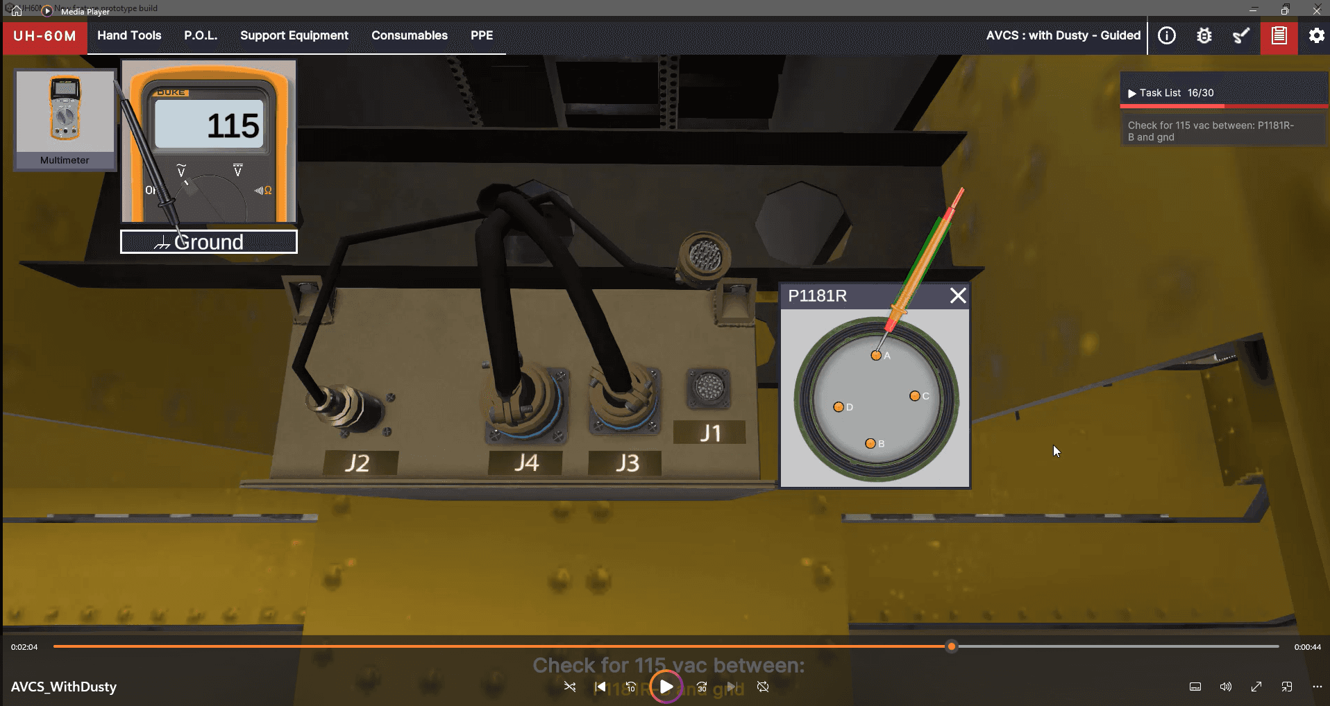 Pinnacle Solutions virtual maintenance trainer guiding a multimeter voltage test on a UH-60M aircraft connector.