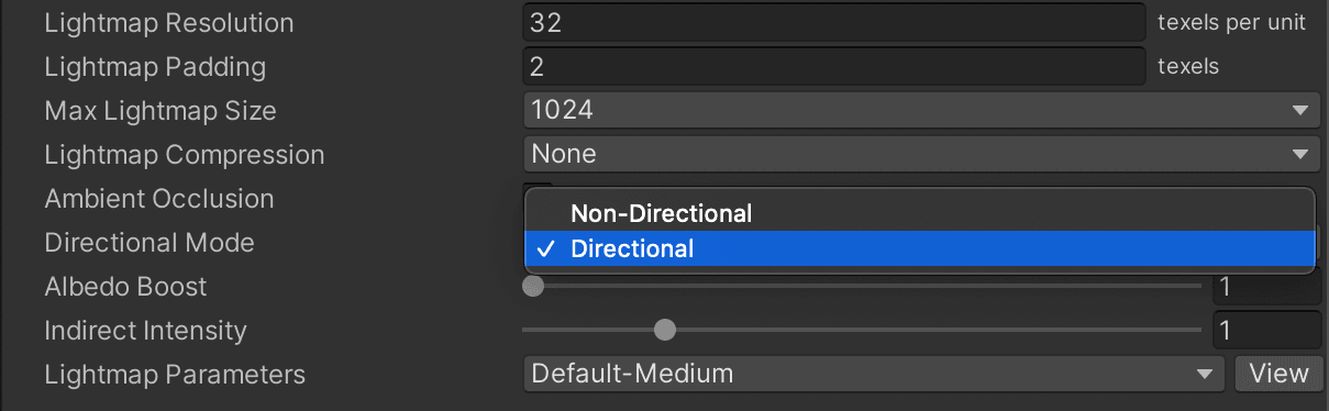 Directionality mode drop-down in the Lighting settings window.