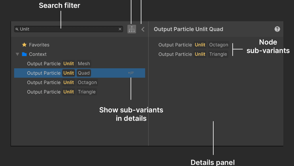 Creating nodes or blocks in the VFX Graph in Unity 6 adds a side panel and search filtering.