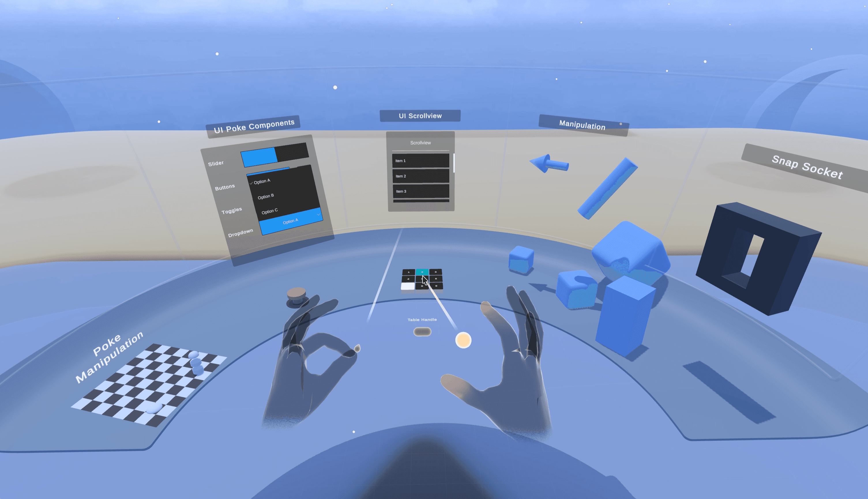 A first-person XR view showing two virtual hands interacting with a scene containing UI panels labeled UI Poke Components, UI Scrollview, Manipulation, and Snap Socket, with blue 3D objects scattered across a curved surface.