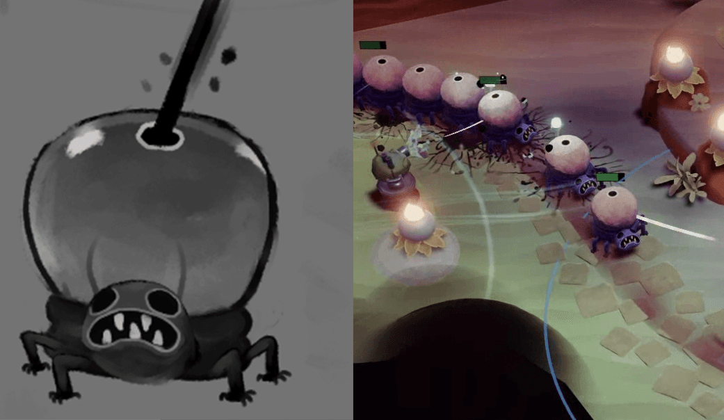 Art conceptuel et capture d'écran de l'Ennemi Rebondissant de Tempest Tower – Une créature bulbueuse avec des yeux creux et des dents acérées