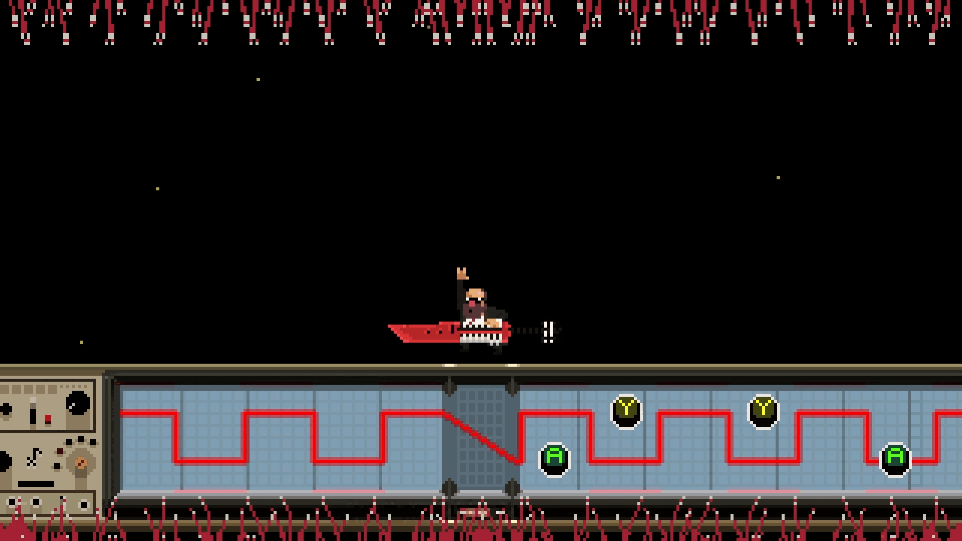 Screenshot from Fretless: Wrath of Riffson by Ritual Studios | Made with Unity. A pixel art figure holding a red guitar and making a "horned hand" gesture. Below is a modulator showing an input sequence.