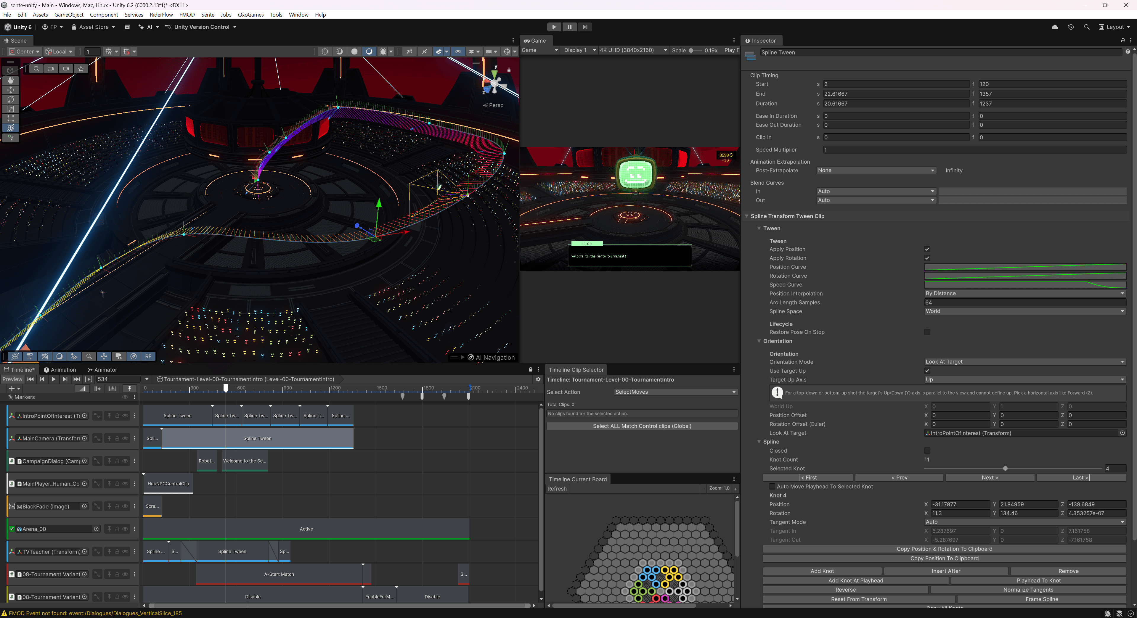 Unity エディター内でSenteのストーリーモードのシーンをビュー。スプラインは、映画のような瞬間を作り出すためにカメラを誘導するために使用されます。
