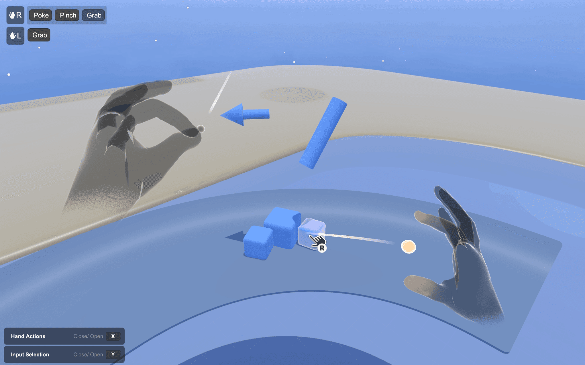 A zoomed-in view of the Unity XR Interaction Simulator showing two translucent virtual hands in an XR environment, with the left hand performing a pinch gesture and an overlay UI displaying gesture controls labeled Poke, Pinch, and Grab.