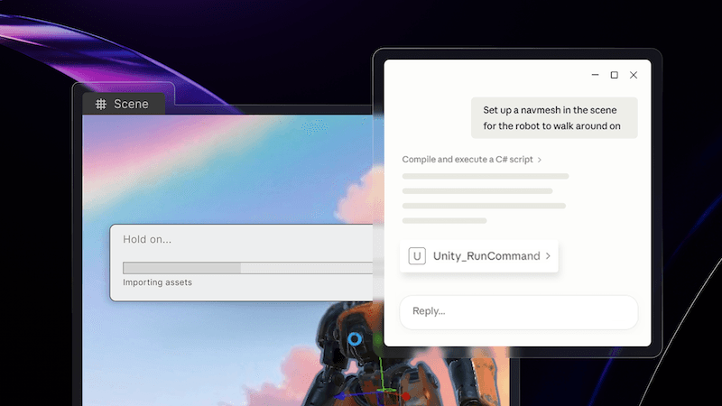 Снимок экрана с разделенным экраном: слева — интерфейс движка Unity, на котором отображается 3D-сцена с моделью робота, индикатор выполнения «Импорт ресурсов» и иерархия файлов проекта; справа — окно чата с названием «Перемещение персонажа-робота вверх в Unity». В чате ИИ-агент (Claude) объясняет процесс настройки системы NavMesh для робота, включая шаги по «компиляции и запуску скрипта на C#», использованию «Unity_RunCommand» и добавлению компонента «RandomWander». В чате внизу находится поле ввода текста с надписью «Ответить...», в котором выбрана модель «Sonnet 4.6».