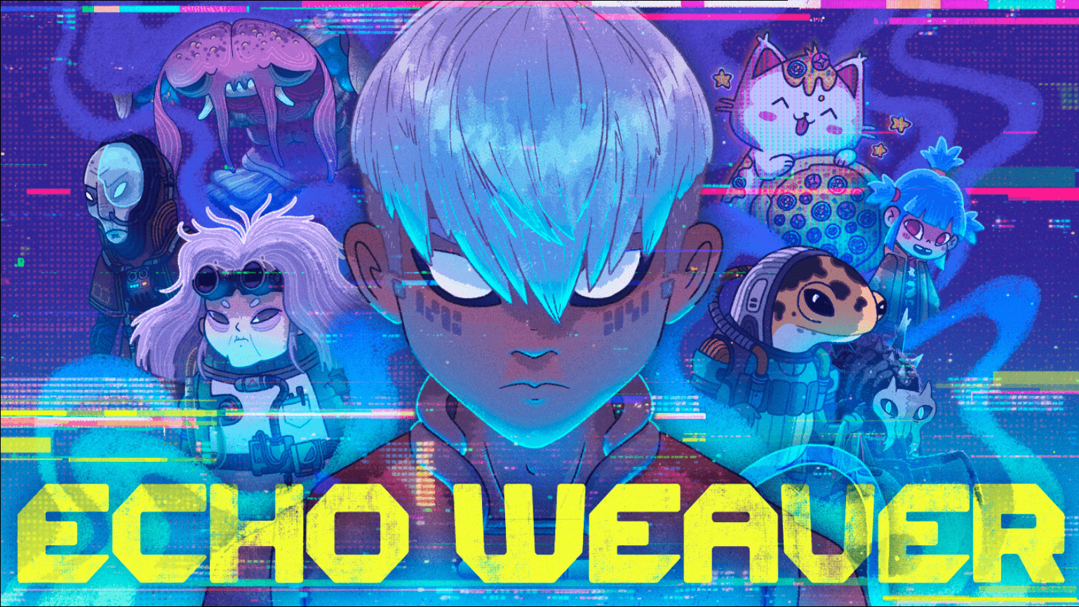 Arte clave de Echo Weaver de Moonlight Kids y Akupara Games, Made with Unity. Una imagen de dibujos animados empapada en neón de una figura de ojos blancos y cabello blanco desde los hombros hacia arriba. Están flanqueados por varios personajes, entre ellos (en el sentido de las agujas del reloj) un gato con una pizza, una persona de pelo azul, un hombre lagarto, un insecto esquelético, una anciana con pelo gris y gafas, una figura enmascarada y un alienígena con el cerebro expuesto.