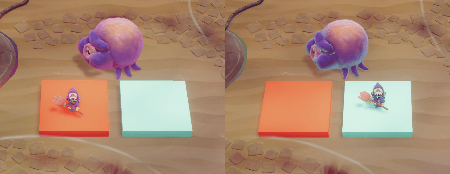 Capture d'écran de Tempest Tower par Half Past Yellow | Fabriqué avec Unity – Une image comparative côte à côte d'une créature ressemblant à un nain se tenant sur un tas de post-it