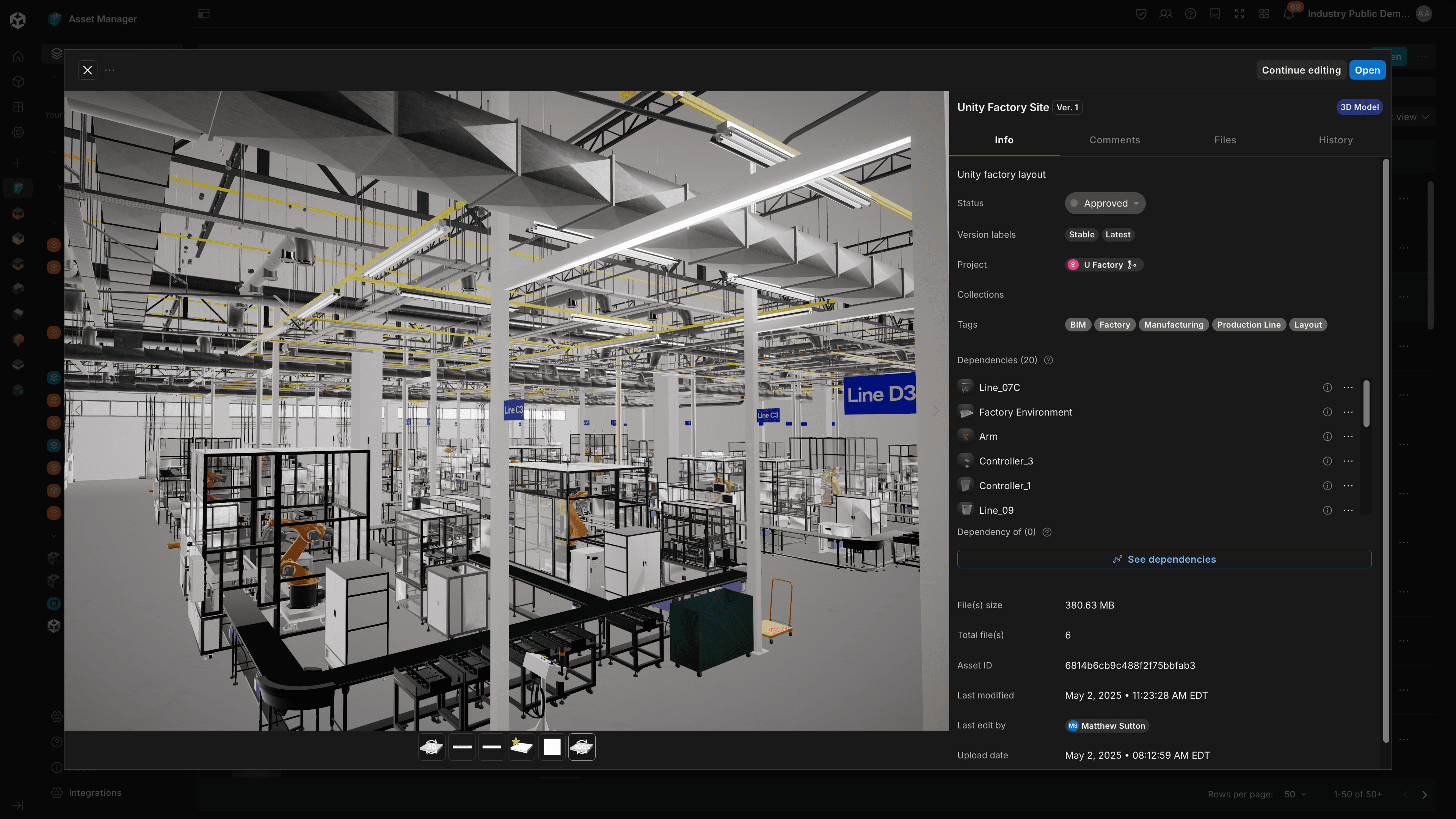 Factory floor model in Unity Asset Manager using 3D data streaming