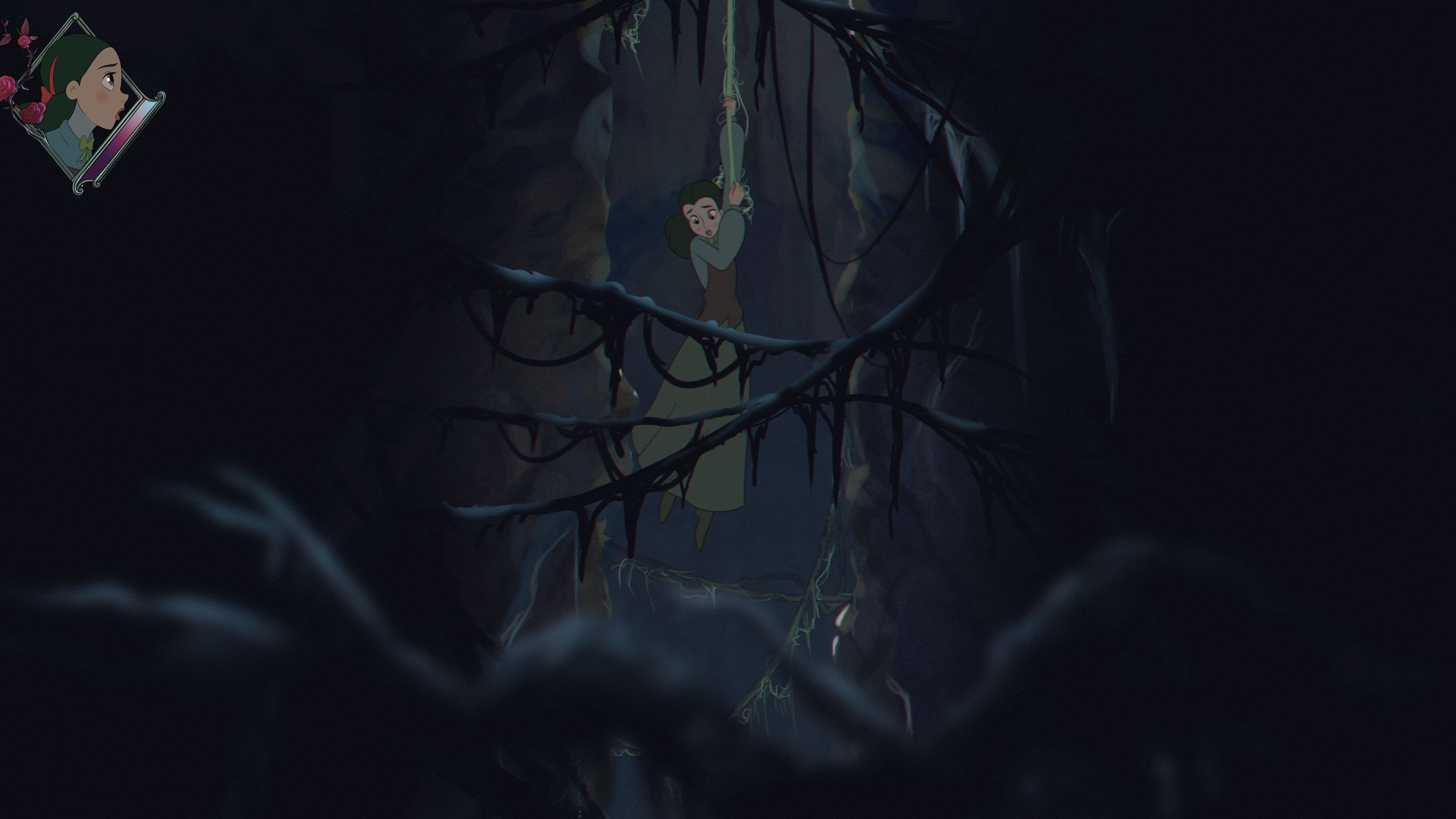 Screenshot from Bye Sweet Carole by Little Sewing Machine and Dreams Uncorporated | Made with Unity. A young woman animated in traditional style hangs precariously in a root-filled shaft, clutching onto a vine.