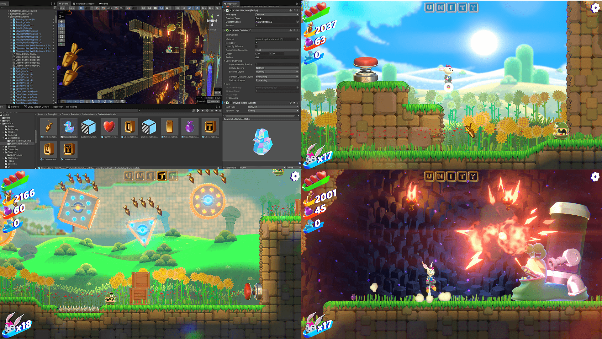 「Bunny Blitz」と呼ばれる2Dプラットフォーマー向けのUnityゲームエンジン開発を示す4パネル合成。左上のパネルはUnity エディターのインターフェースフェースで、ダンジョンレベルのシーンビュー、InspectorのCollectible Itemスクリプト、ウィンドウのCollectable 静的フォルダーが表示されています。他の3つのパネルには、ひまわりの草原レベル、カラフルな幾何学障害物レベル、炎の爆発を伴う暗い洞窟レベルのウサギのキャラクターのゲーム内スクリーンショットが表示され、それぞれHUDでハート、コインカウント、バニーライフカウンターが表示されます。