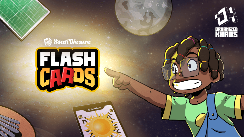 Promotional banner for StoriWeave Flash Cards featuring a cartoon girl in space pointing at the logo, a sun-themed card, and an Organized Khaos logo.