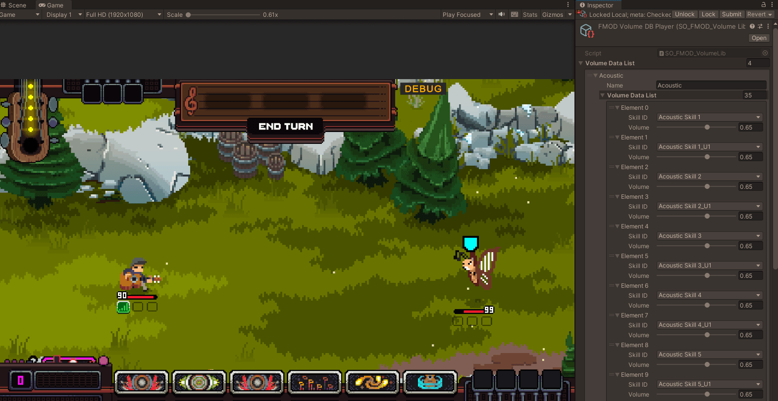 Screenshot of Fretless: Wrath of Riffson in the Unity Editor. This ScriptableObject mixing too allows for easy adjustment of programmer event volume in Play Mode.