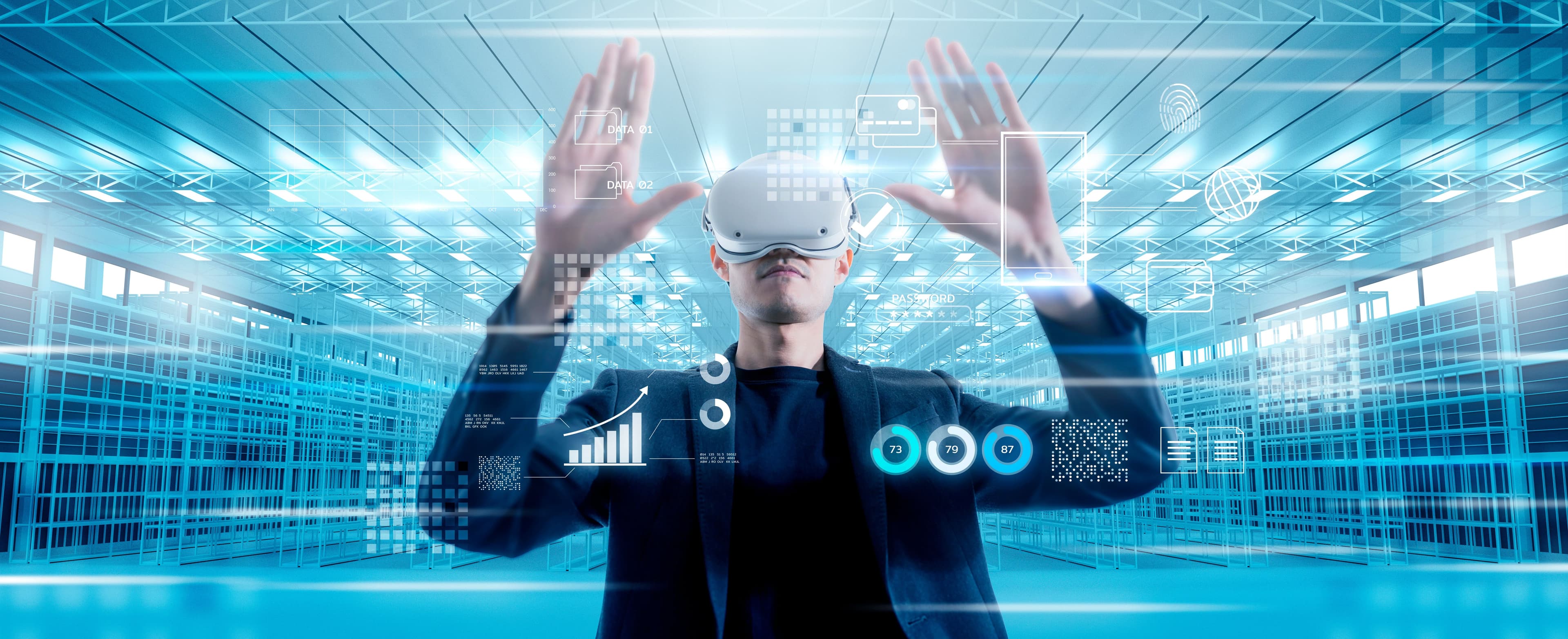 Person wearing a VR headset viewing a virtual digital display