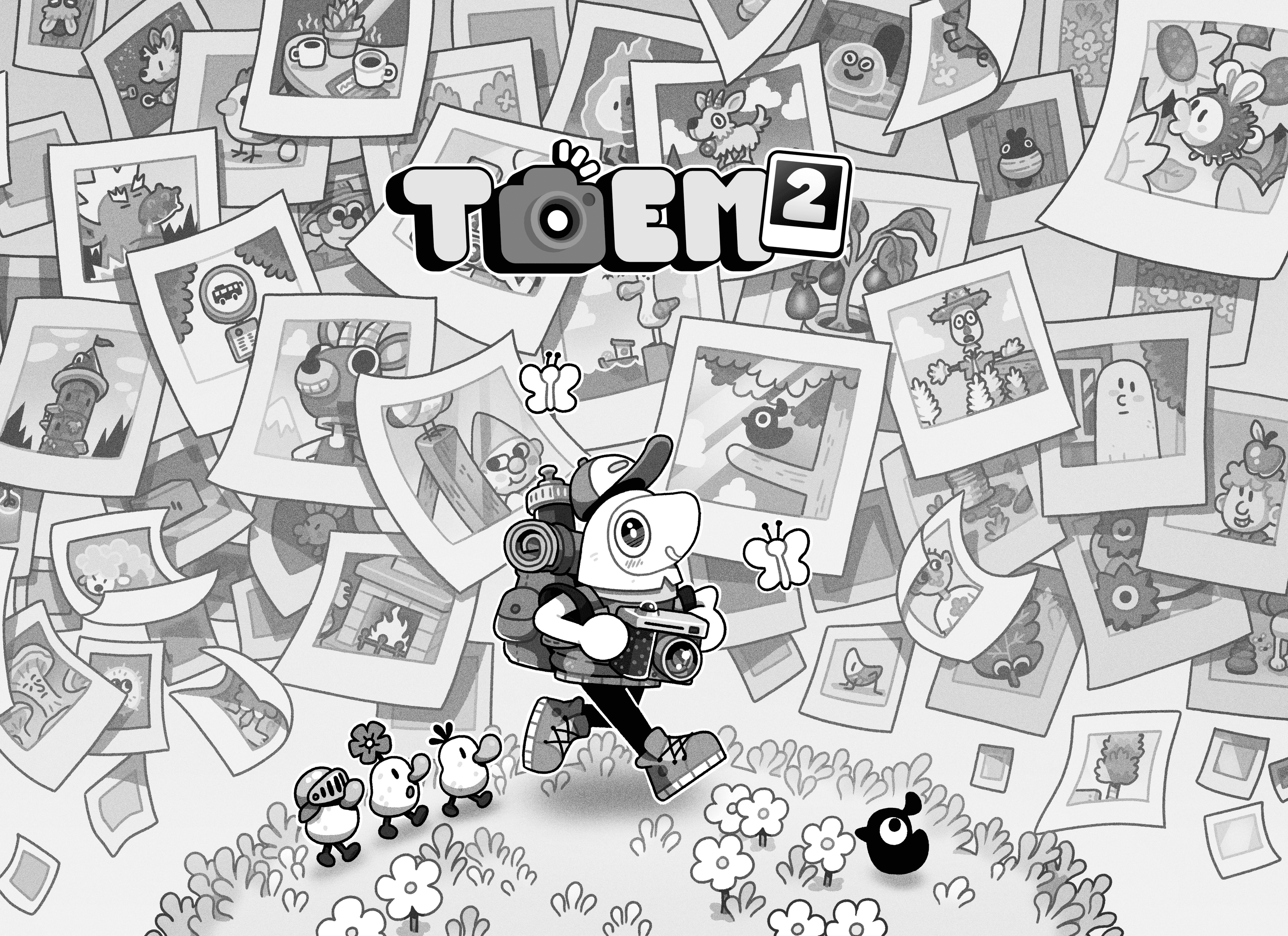Arte clave para TOEM 2 de Something We Made, Made with Unity. Una figura de dibujos animados renderizada en blanco y negro lleva una cámara, con una miríada de fotografías polaroid en el fondo. La figura está siendo seguida por tres pequeñas criaturas de pato y observada por un pequeño pájaro negro.