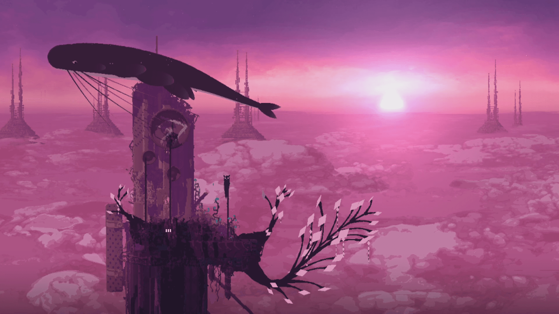 Screenshot from Rain World: The Watcher by Videocult and Akupara Games | Made with Unity. Pixel art image of a whale atop a pillar overlooking a vast, fuchsia-tinted landscape covered in clouds. Towers poke out of the clouds in the distance, backlit by a purple sunset.