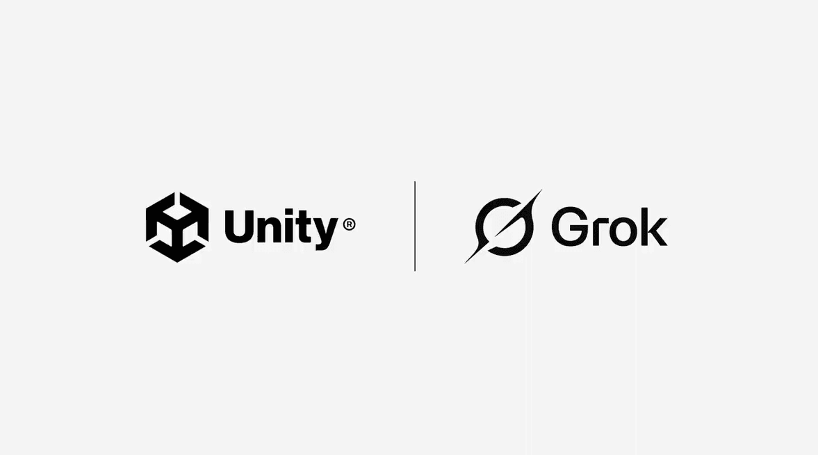 El logotipo de Unity se muestra junto al logotipo de la compilación de Grok en un fondo blanco.