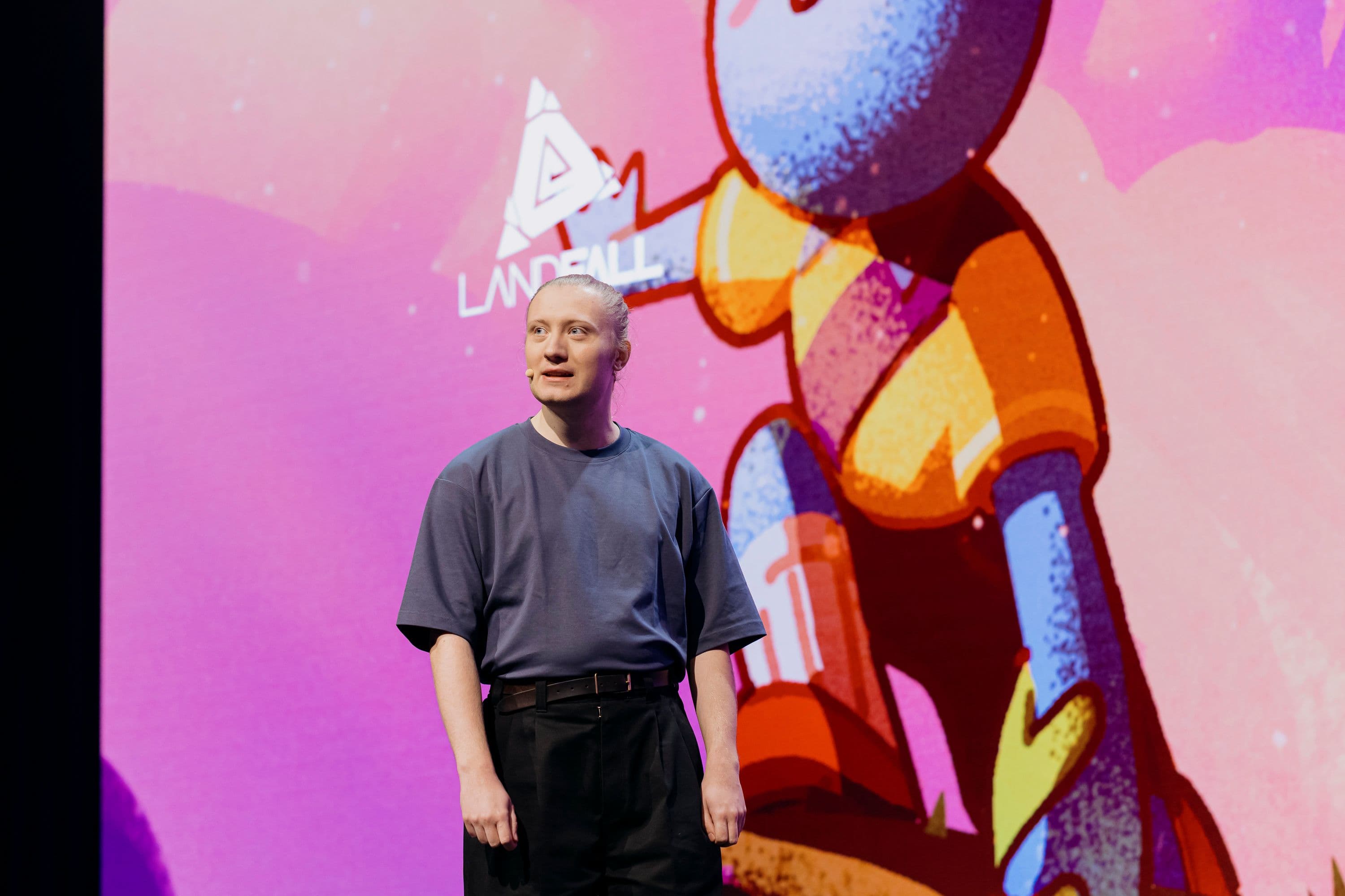 Game programmer Zorro Svärdendahl from Landfall Games stands onstage during the Unite 2025 Keynote recounting the story of how his team created breakout hit game PEAK.