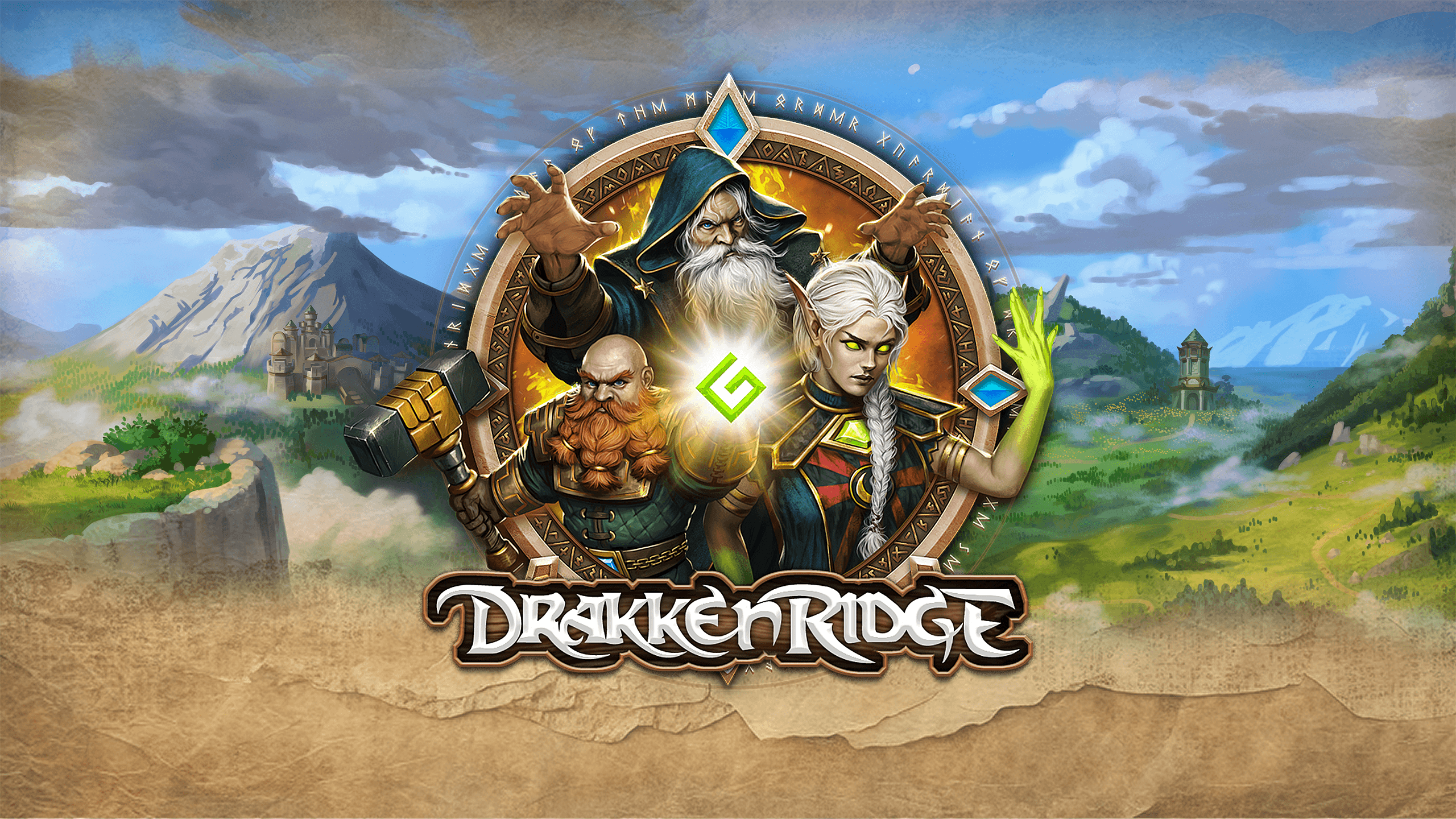 Key art for DrakkenRidge VR by Garage Collective, Made with Unity. Composite image featuring a logo overlaid on a mountain landscape background. The lower thirds blend into a parchment texture. Within the circular logo is a blonde haired elf, a red-bearded dwarf, and a wizard with a white beard.