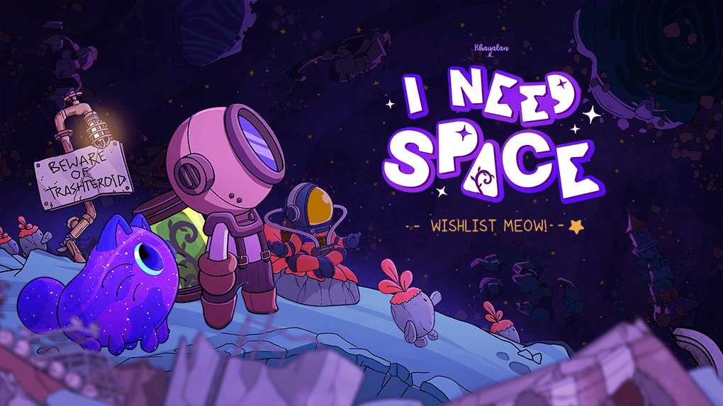 Promotional art for "I Need Space" game featuring a pink astronaut, cosmic cat, and aliens on a moon with the text "Wishlist Meow!" and space debris.
