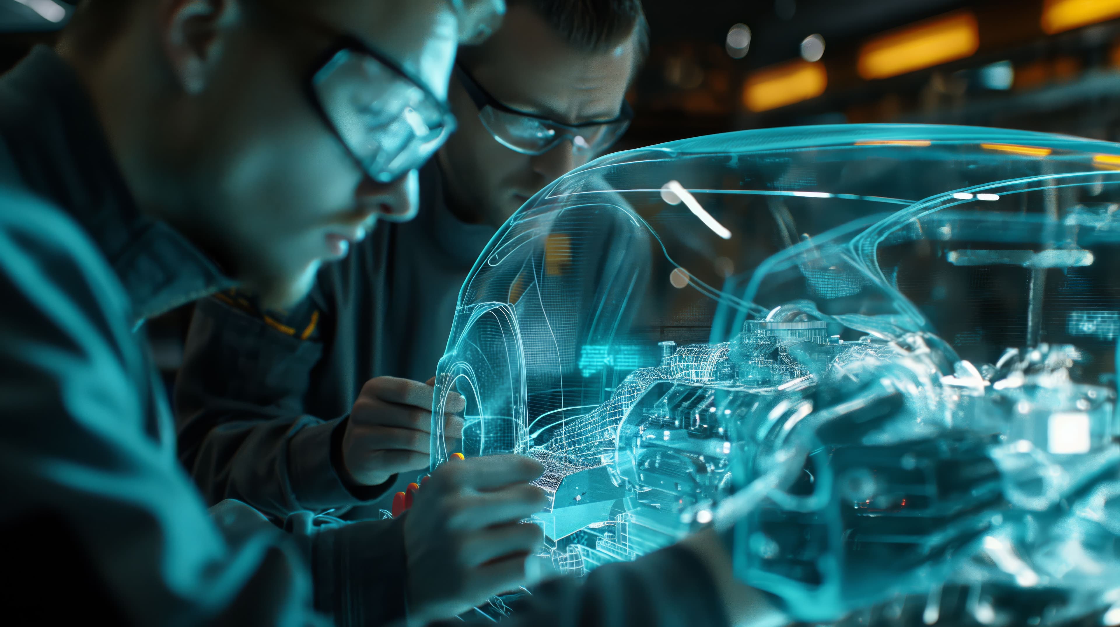 Two people wearing headsets studying a virtual car.