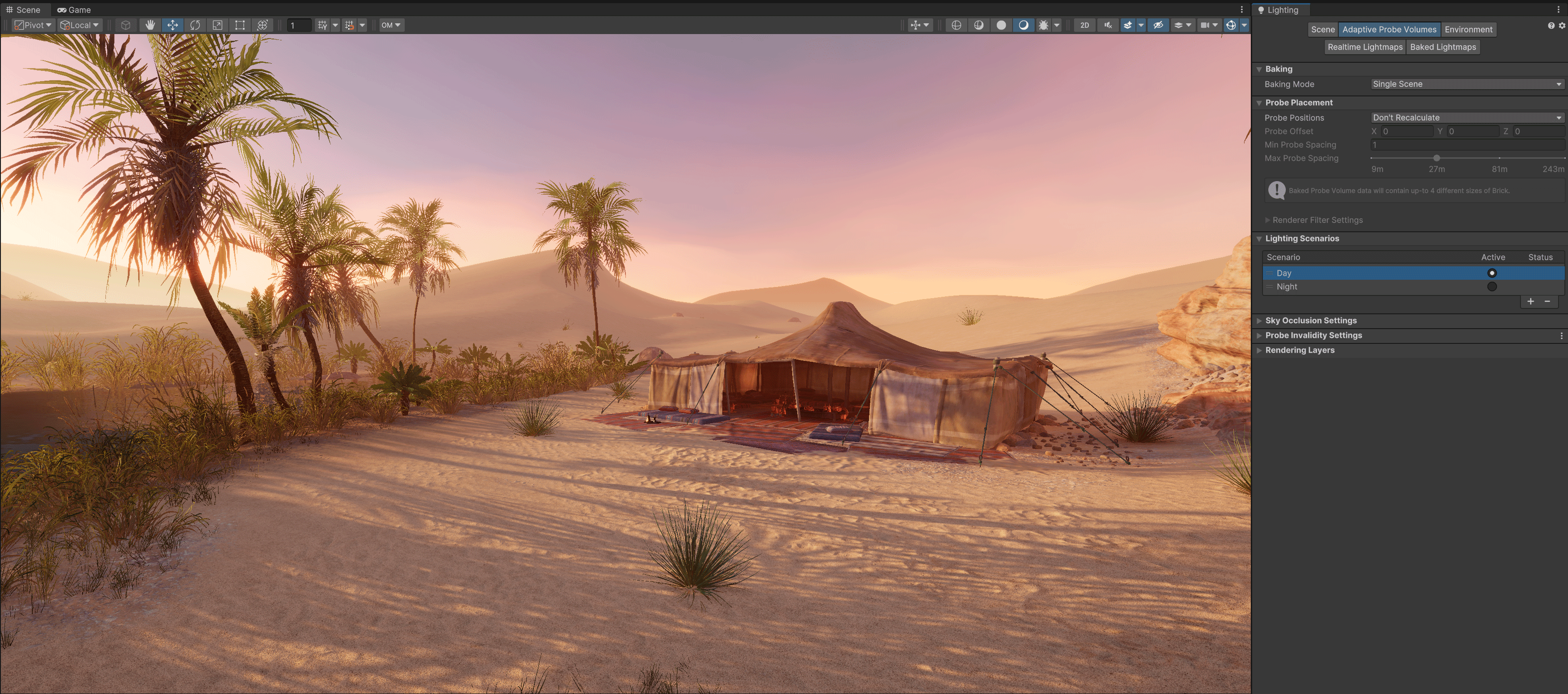 This scene utilizes a Day and Night scenario to bake multiple versions of the indirect diffuse lighting created with APV