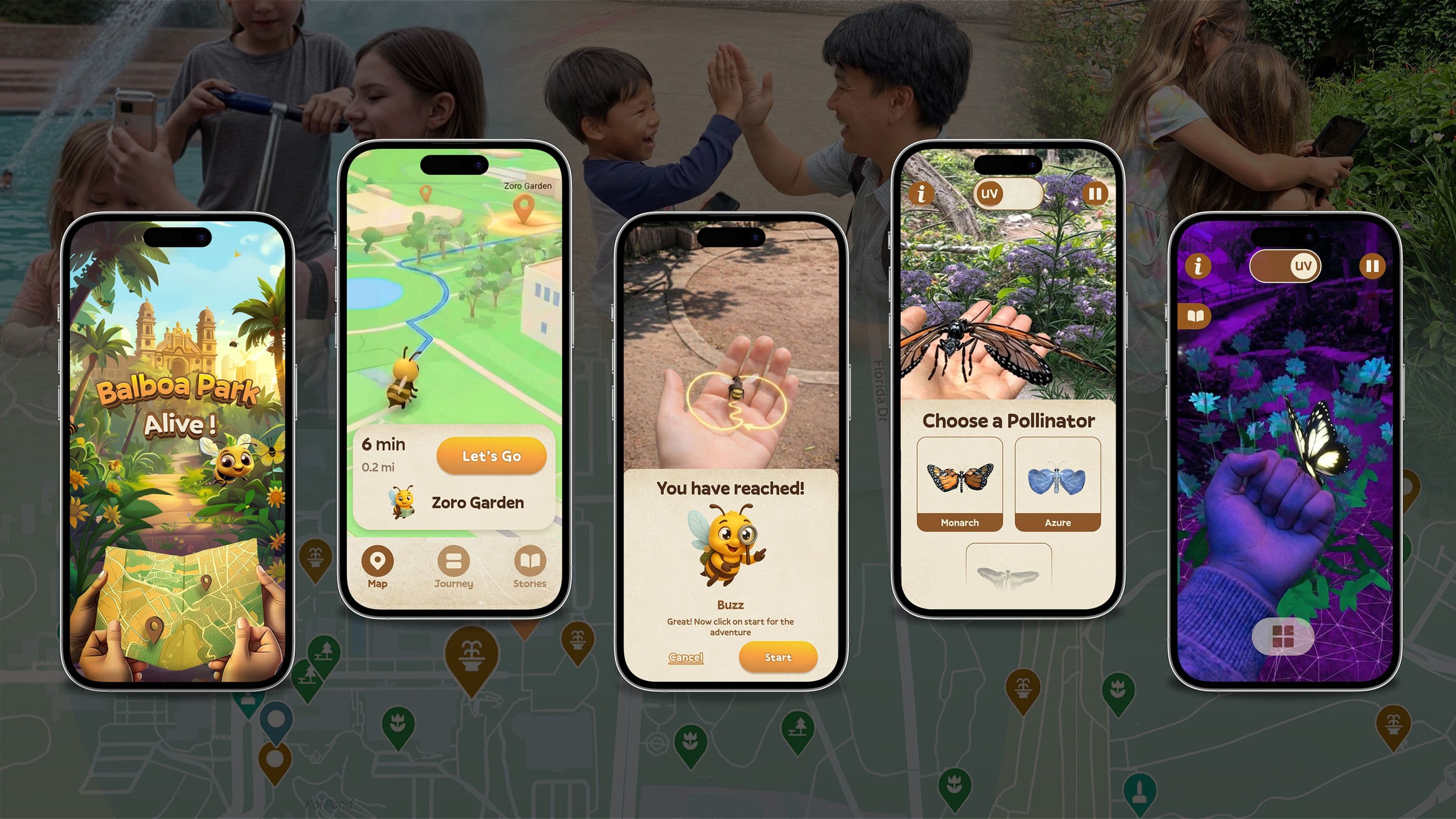 Promotional image for Balboa Park Alive app, showing five phone screens featuring AR butterflies, bees, maps, and families enjoying the park.