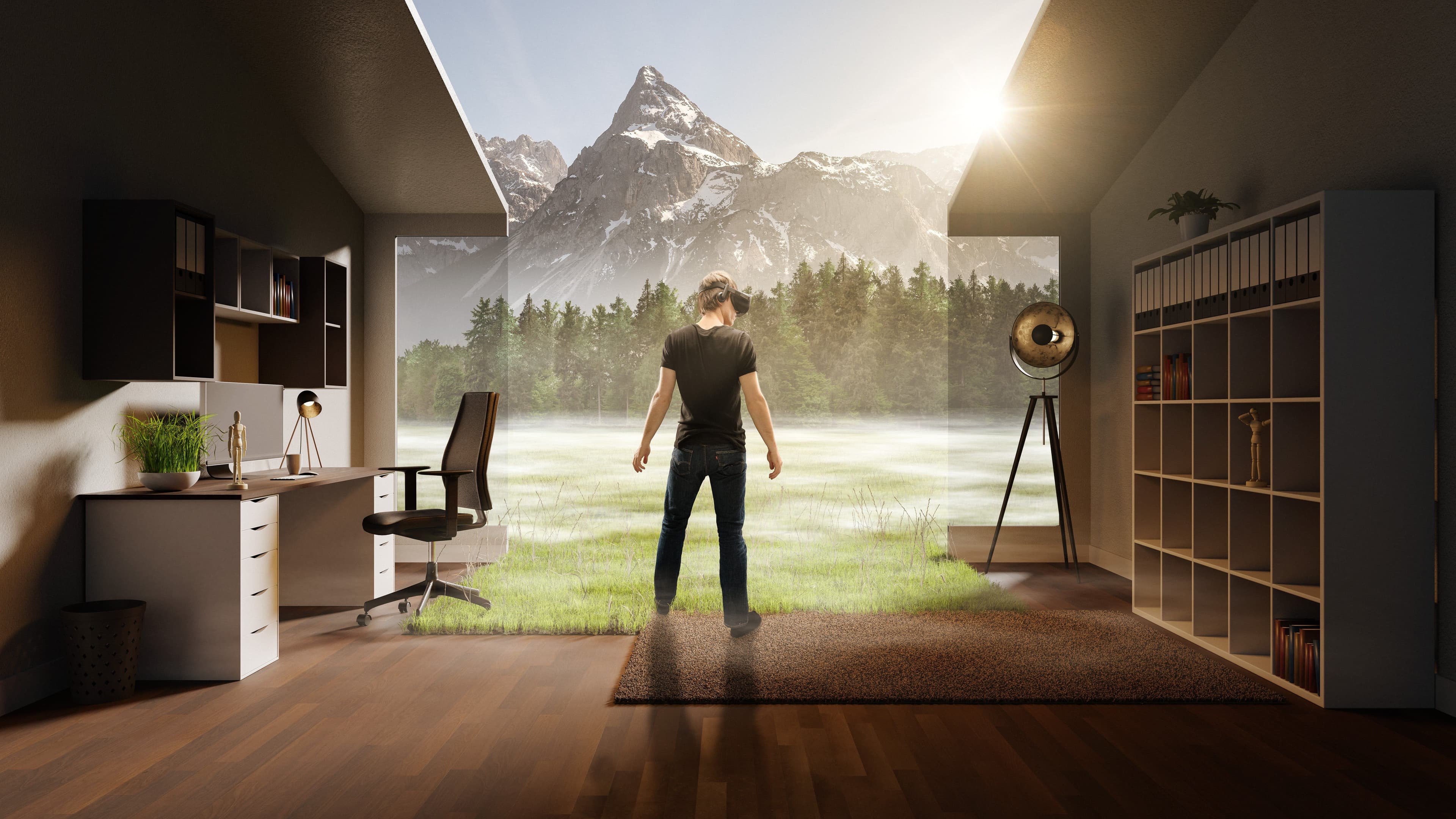 Mann trägt VR Headset in einer landschaftlichen Umgebung