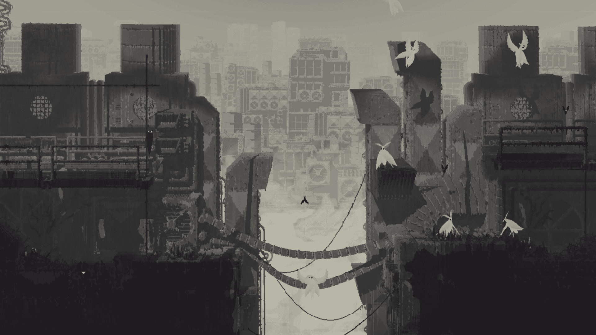 Screenshot from Rain World: The Watcher by Videocult and Akupara Games | made with Unity. Pixel art screenshot of a grey industrial environment rendered in 2D. White, angelic creatures flutter around a chasm partially covered with cables and wires.