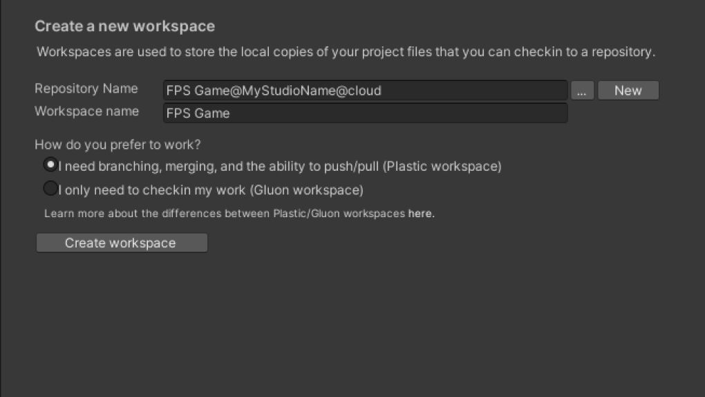 Espaces de travail dans Unity Version Control