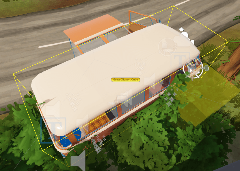 Camper van overlaid with a yellow wireframe box showing the clipping area
