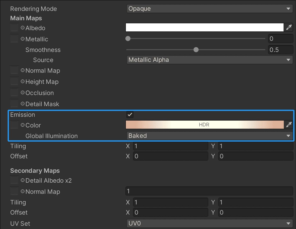 Material Inspector in the Built-in Render Pipeline: We highlighted Emission properties in blue.