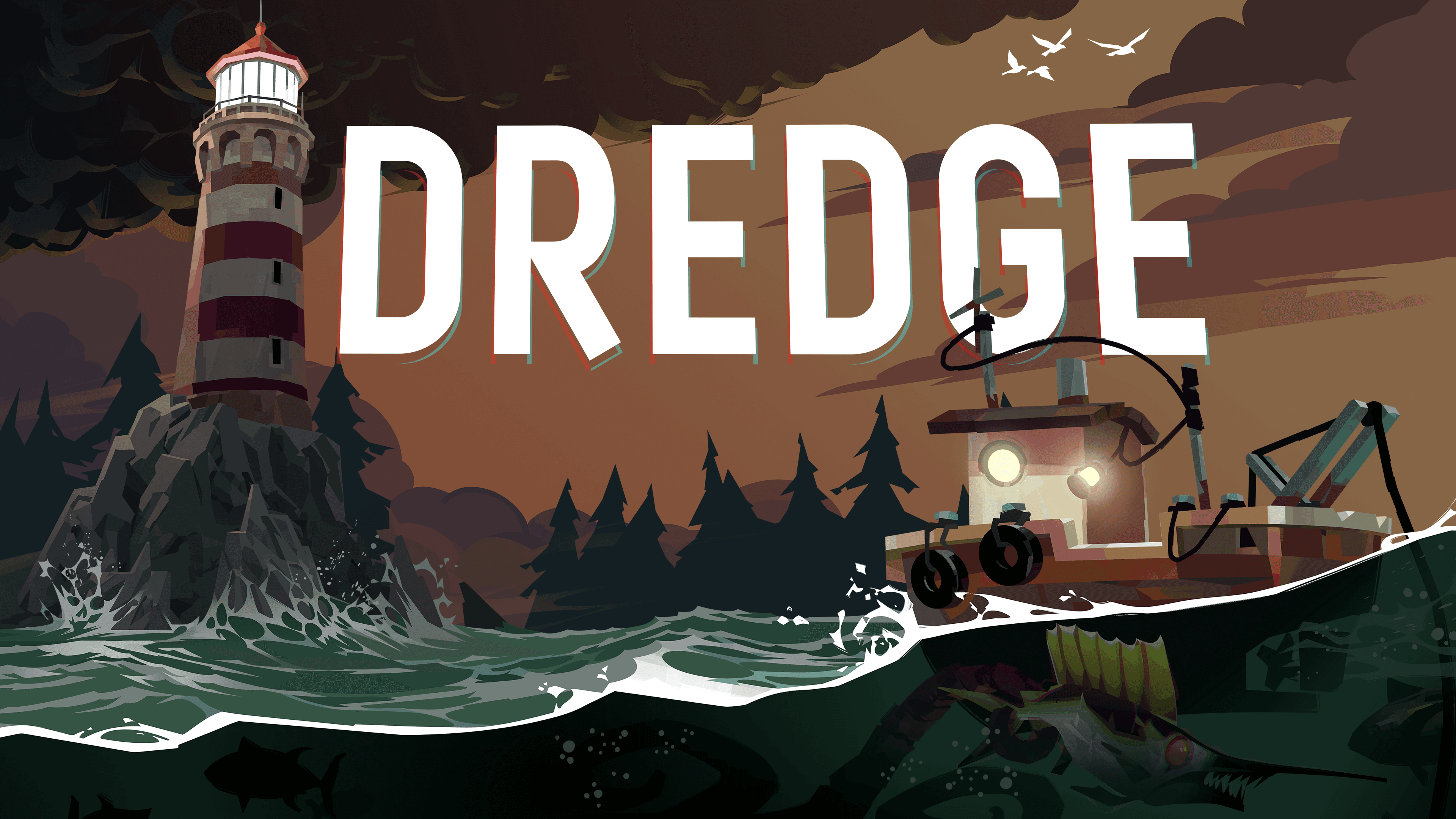 Schlüsselkunst von DREDGE | Made with Unity – Eine Illustration eines Fischereibootes, das auf unruhigen Gewässern schwimmt. Rechts, leicht im Hintergrund, steht ein rot-weiß gestreifter Leuchtturm. Der Himmel ist ein trübes Braun.