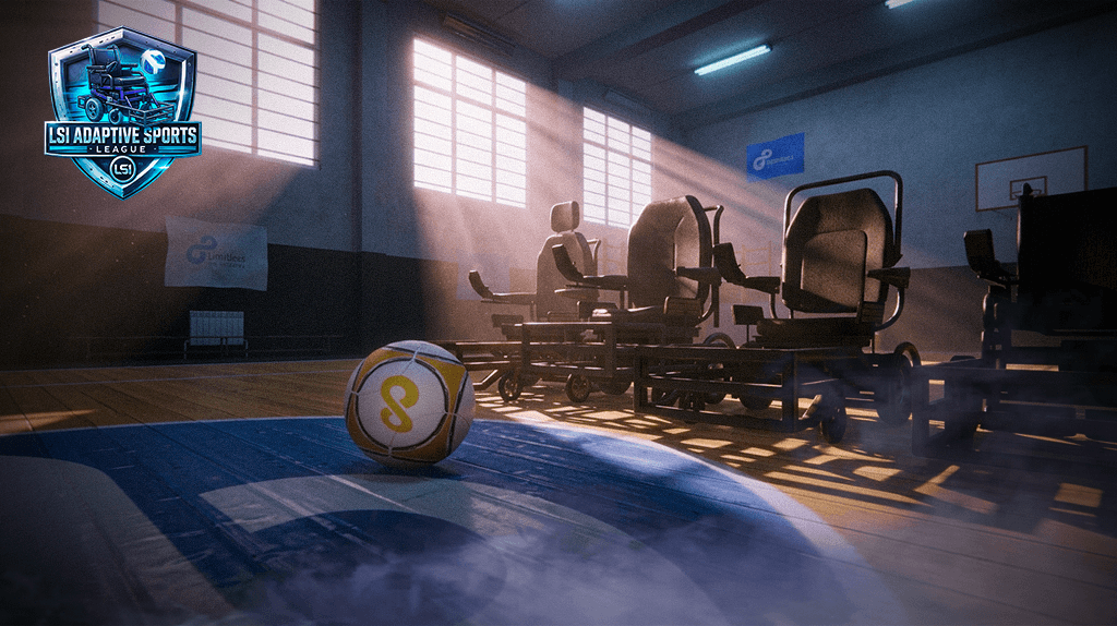 Promotional banner for the LSI Adaptive Sports League showing power soccer wheelchairs and a ball in a sunlit gymnasium with an official shield logo.